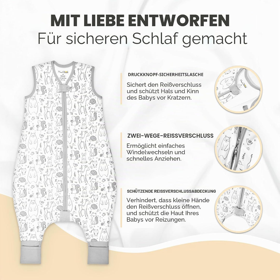 Baby Schlafsack mit Füsse 1.0 TOG, Ganzjahres Schlafsack, Bio-Baumwolle Baby Schlafsäcke ohne Ärmeln