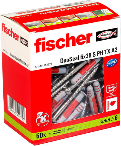 fischer DuoSeal 6 x 38 S, Universaldübel für Nassbereiche (50 Stk.) mit Schrauben, leistungsstarke D