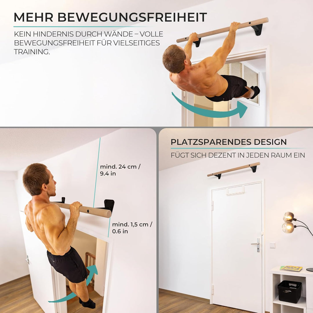PULLUP & DIP Klimmzugstange Holz – Buchenholz Pull Up Bar zur Wandmontage über dem Türrahmen – 40 mm