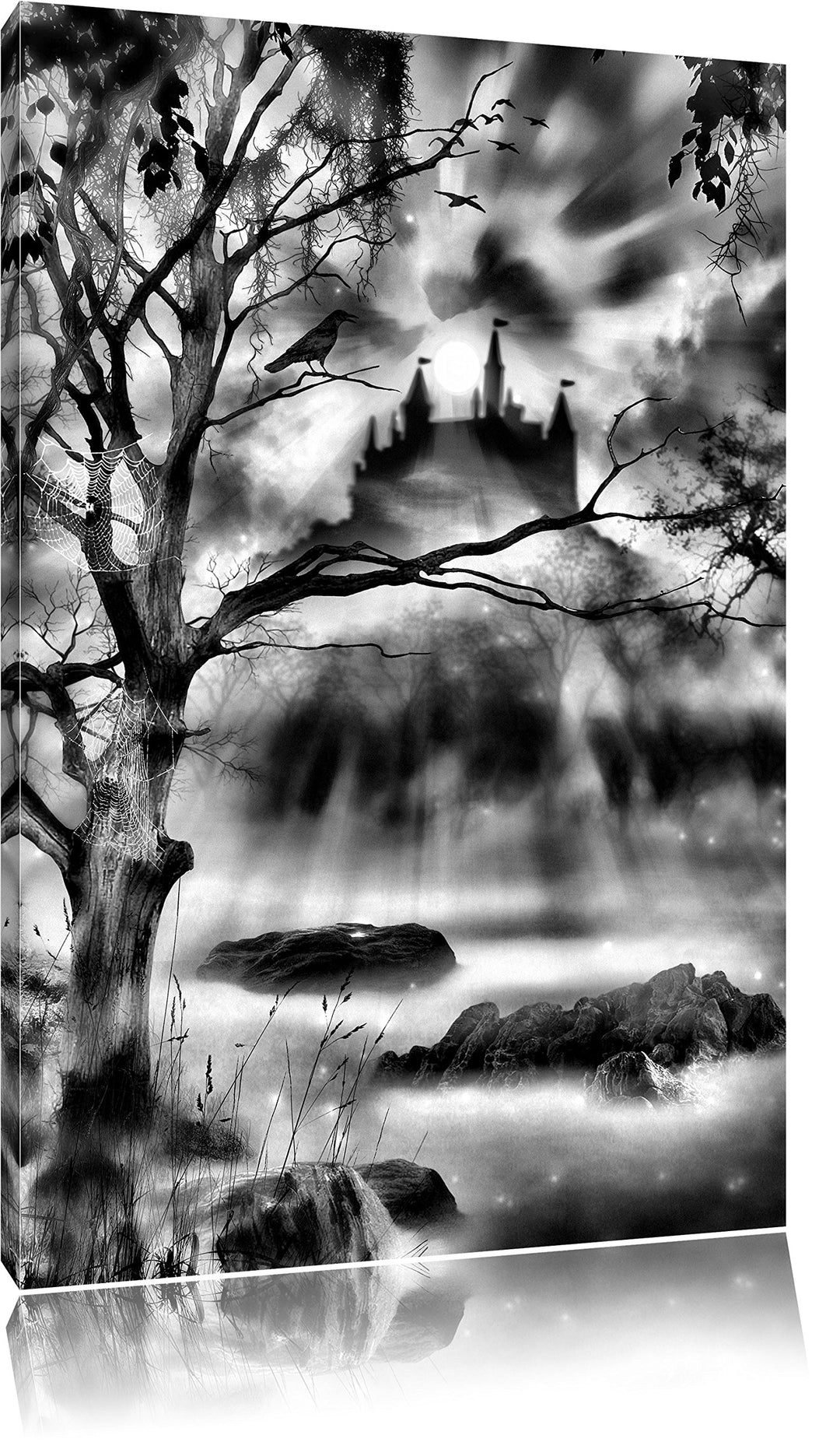 Monocrome, Düstere Burg, Format: 100x70 auf Leinwand, XXL riesige Bilder fertig gerahmt mit Keilrahm
