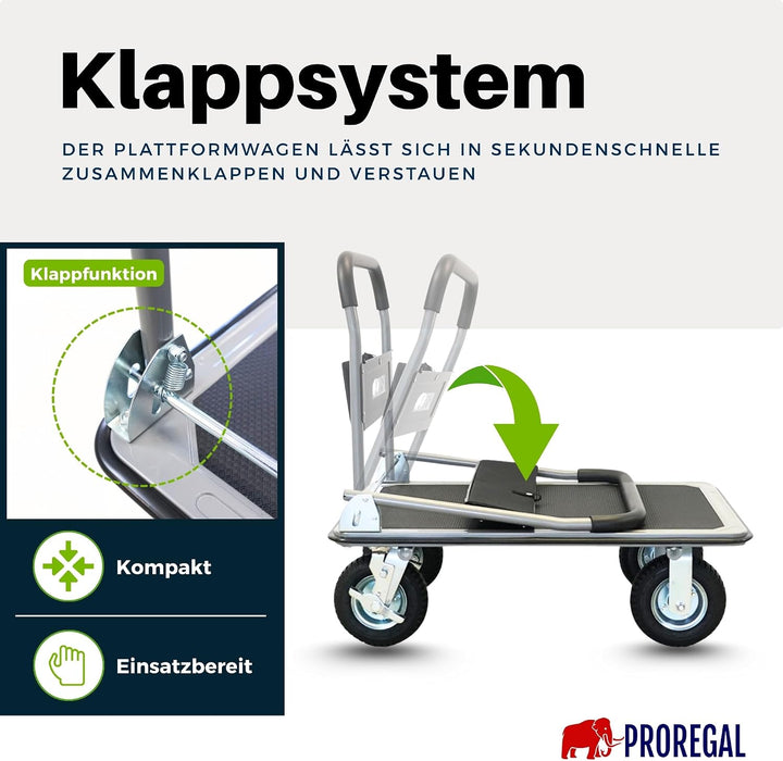 PROREGAL Profi-Plattformwagen Transportwagen Big Rhino 300kg klappbar mit Luftreifen, 360° Lenkrolle