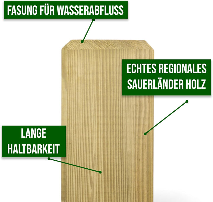 Vierkantpfosten Kiefer Holz KDI Grün 9x9 cm in 100-150 cm Länge – Stumpf, stabiler Zaunpfosten, impr