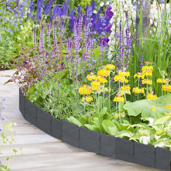 Fiqops Rasenkante Kunststoff 10M Anthrazit 40 Stücke Beeteinfassung Steinoptik Garden Border aus Pol