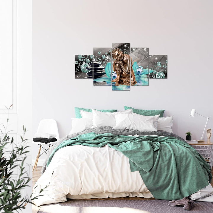 Runa Art Bild Wohnzimmer Schlafzimmer Buddha Orchidee 5 Teilig Abstrakt Türkis Grau Wandbilder auf V
