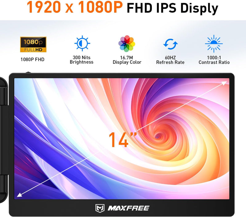 Maxfree Laptop Bildschirm Erweiterung 14-Zoll, Full HD, 1920x1080P, 16:9, IPS Panel, HDMI/Type-C Plu