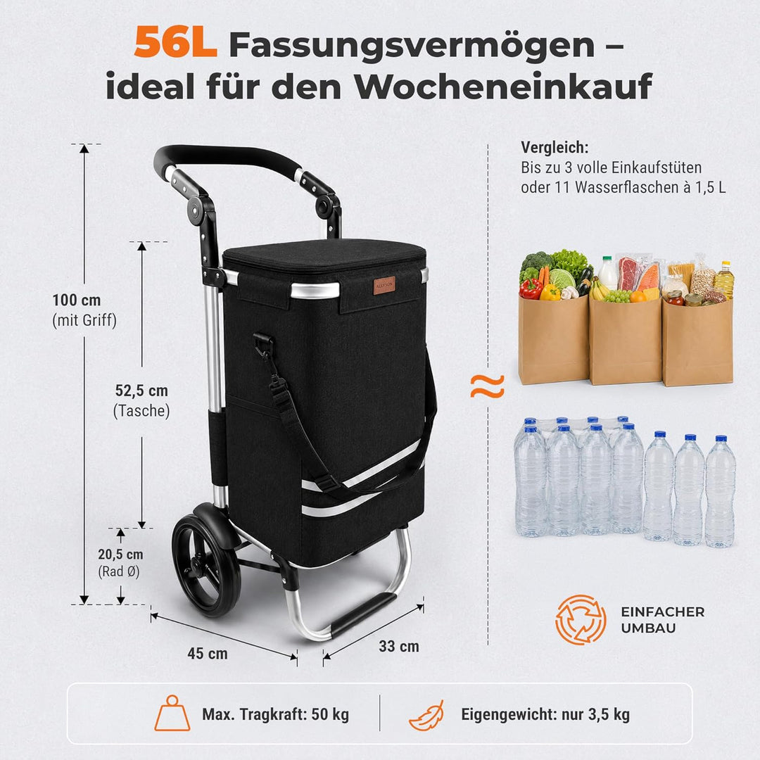 Allyson® Einkaufstrolley Klappbar, Einkaufswagen mit 56L Kapazität & Wasserdichter Tasche, Shopping-