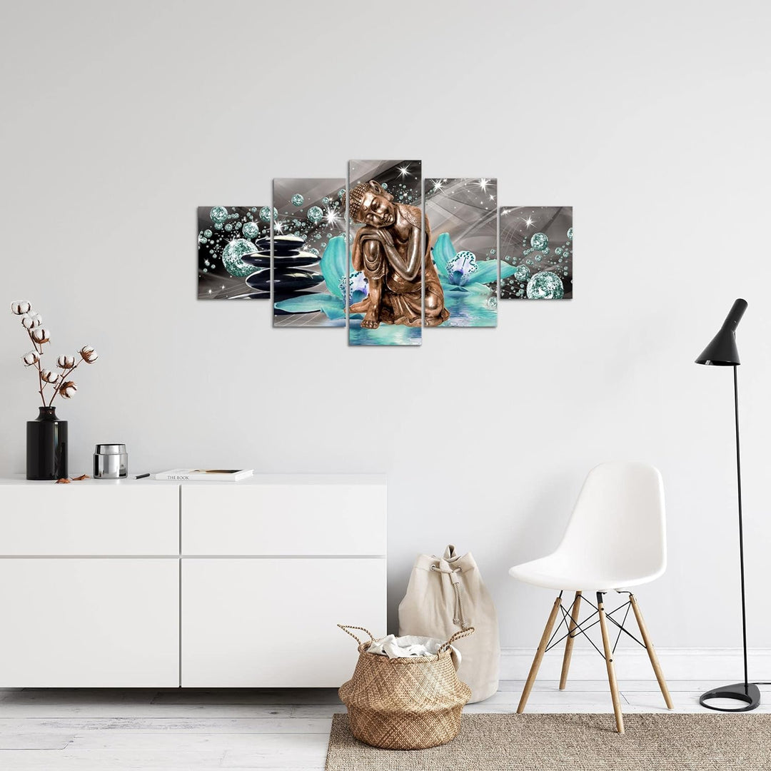 Runa Art Bild Wohnzimmer Schlafzimmer Buddha Orchidee 5 Teilig Abstrakt Türkis Grau Wandbilder auf V