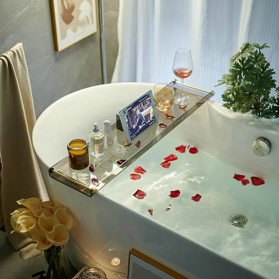 Luxus-Badewannen-Tisch Caddy mit goldenen Griffen - Tablett für Dusche und Badewanne Schwarz - mit G