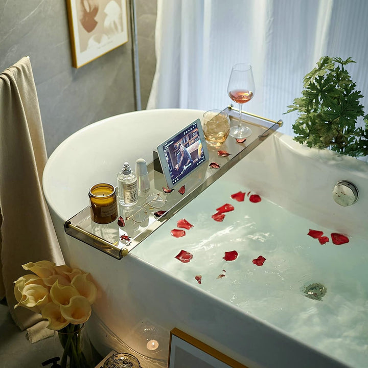 Luxus-Badewannen-Tisch Caddy mit goldenen Griffen - Tablett für Dusche und Badewanne Schwarz - mit G