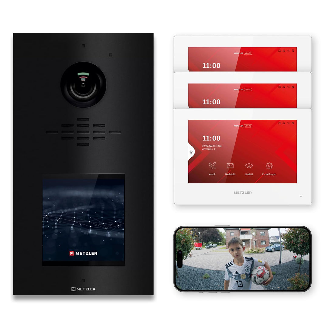Metzler® Video-Türsprechanlage mit HD-Kamera und IPS-Touchdisplay in Tiefschwarz RAL 9005, 146° Weit