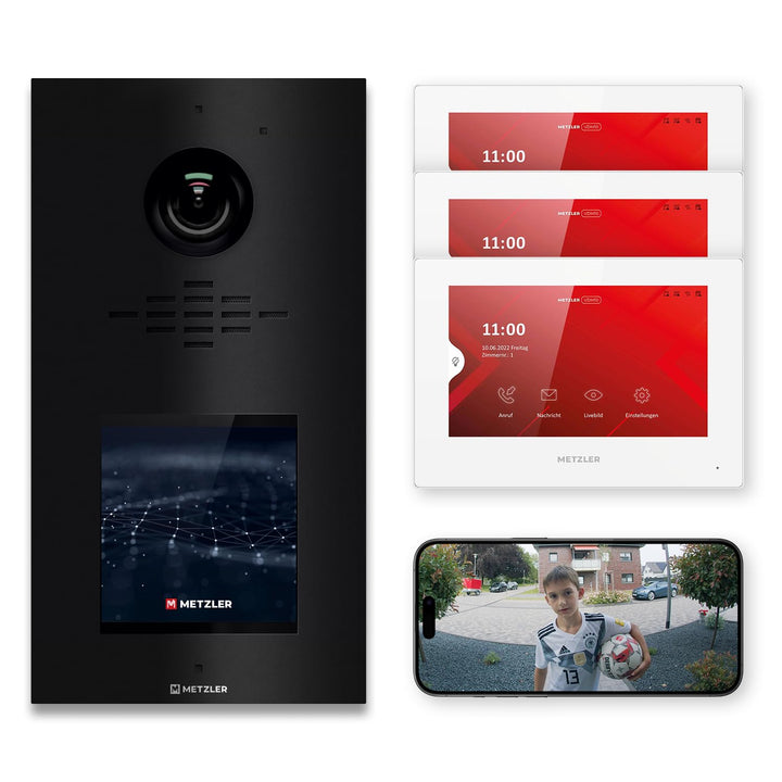 Metzler® Video-Türsprechanlage mit HD-Kamera und IPS-Touchdisplay in Tiefschwarz RAL 9005, 146° Weit