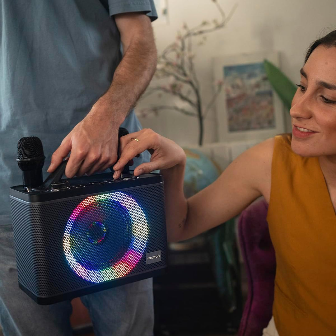 PRIXTON Karaoke Maschine Party | 2 kabellose Mikrofones, Tragbaren Bluetooth Lautsprecher mit RGB-LE