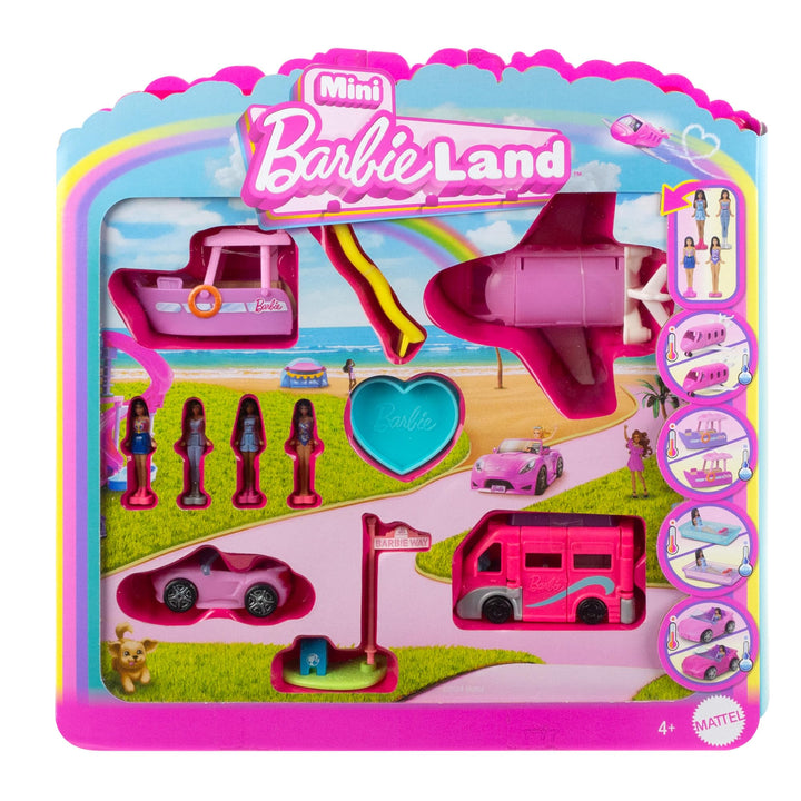 Barbie Mini BarbieLand 4er-Set Puppen- und Spielzeugfahrzeugset mit 4 ca. 3,8 cm grossen Puppen und