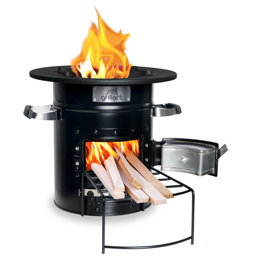 grillart® Raketenofen Outdoor “Powertrain” schwarz – effizienter Holzofen als Campingkocher für Dutc