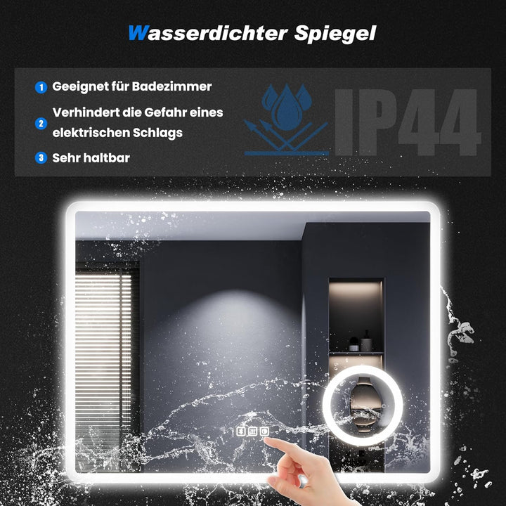 SONNI LED Badspiegel mit Bluetooth 100x60 cm, Badezimmerspiegel mit Beleuchtung und Touch, Steckdose
