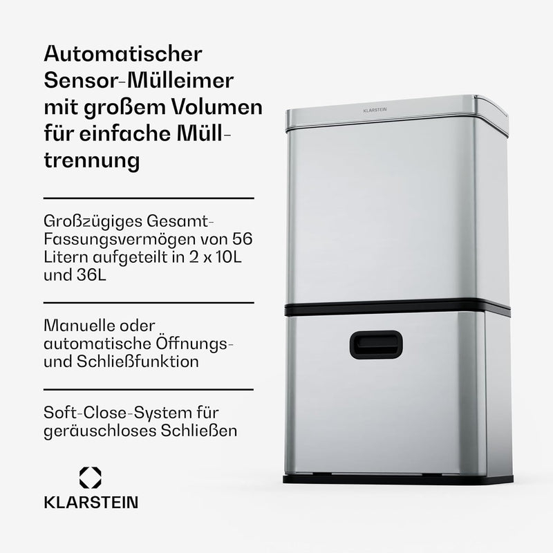 Klarstein 56 L Edelstahl-Sensormülleimer mit 3 Fächern (36+2x10 L), Bedienfeld mit LED-Anzeige, Soft