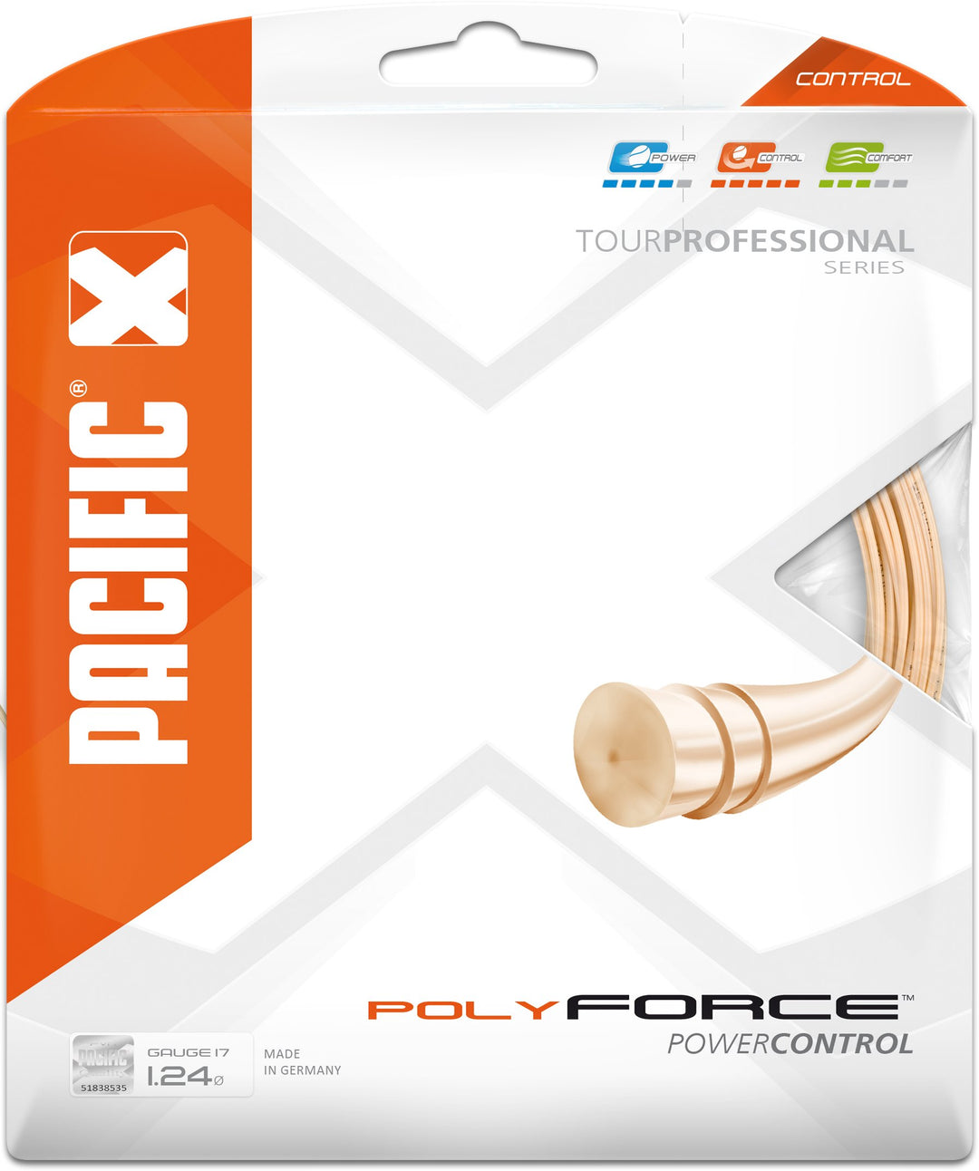 Pacific Poly Force-12.20m-garnitur Tennissaite 1.24mm/17 light-Orange, 1.24mm/17 light-Orange