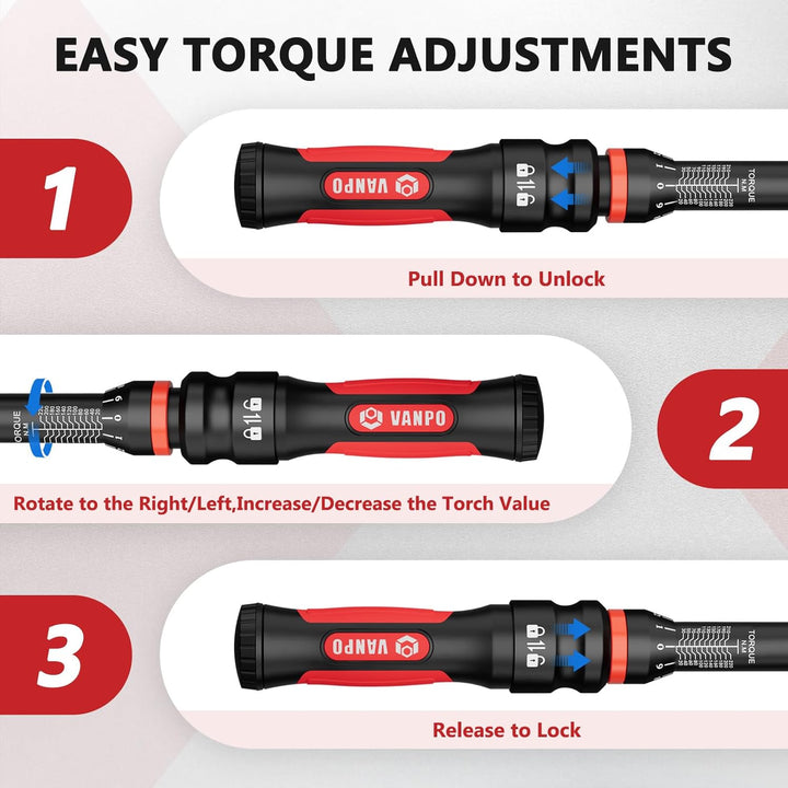 VANPO Drehmomentschlüssel 1/2 Zoll, 20-220Nm, Drehmomentschlüssel-Set inkl. 125mm Verlängerungsstang