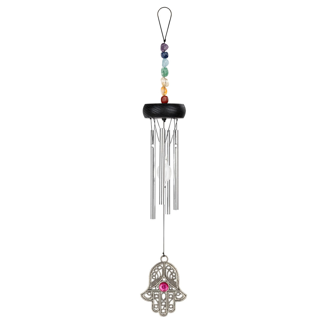 Sonic Energy Mini Chakra Chime – 30 cm, Silber, Hamsa – Kleines Windspiel mit Chakrasteinen – Für En