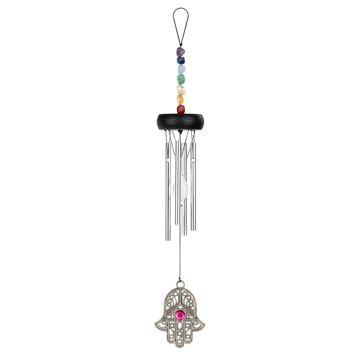 Sonic Energy Mini Chakra Chime – 30 cm, Silber, Hamsa – Kleines Windspiel mit Chakrasteinen – Für En