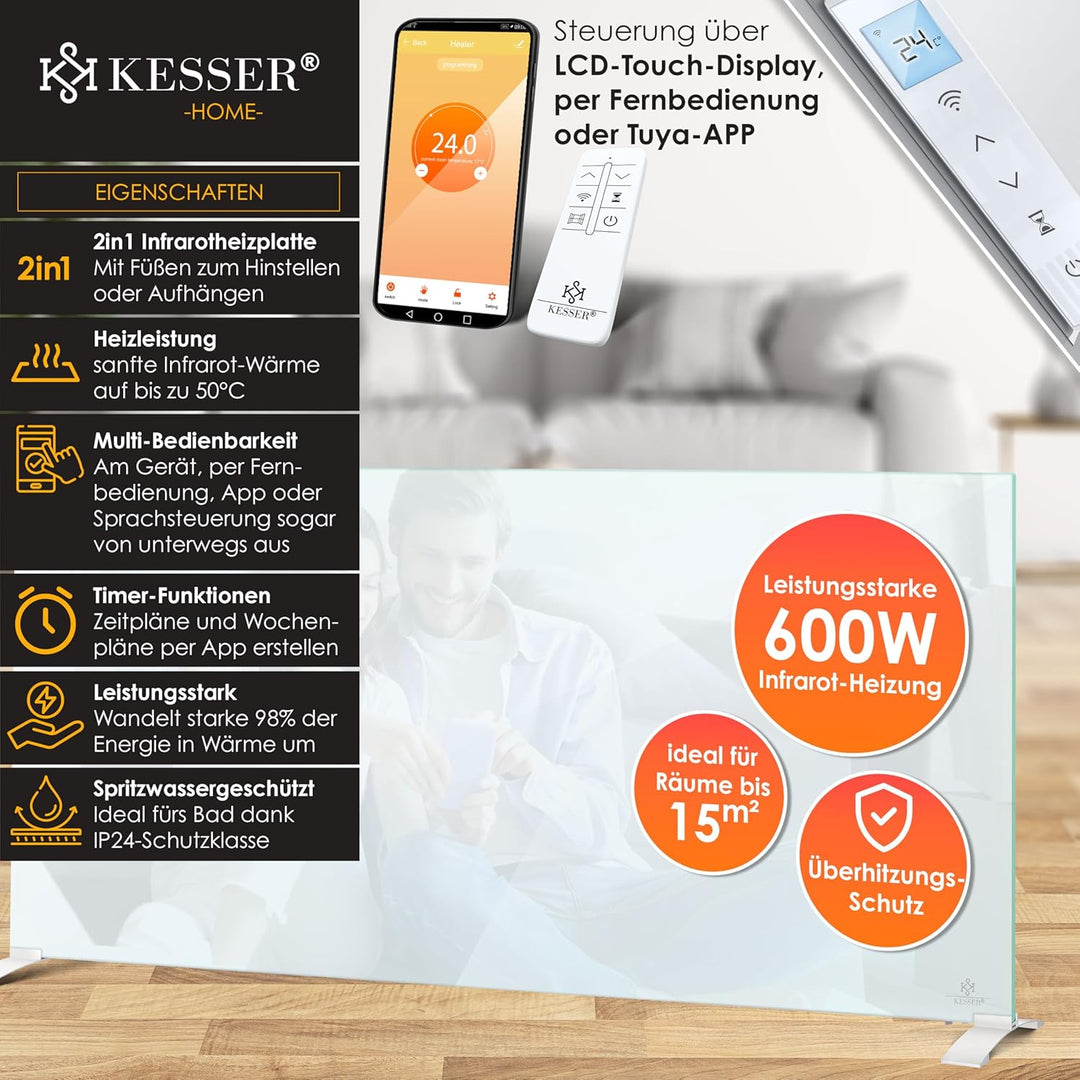 KESSER® Infrarotheizung 600W Glaskonvektor Glasheizung Energiesparend 2in1 Standgerät & Wandmontage