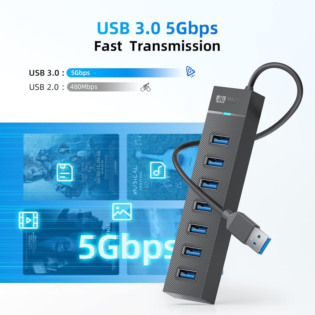 Sanzang USB-Hub, USB-3.0-Hub, USB-Splitter für Laptop, Flash-Laufwerk, HDD, Konsole, Drucker, Kamera