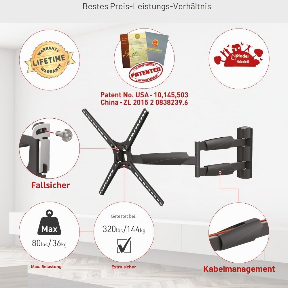 Barkan BM343XL Lange TV Wandhalterung, 13 - 65 Zoll Schwenkbar / Neigbar / Vollbewegung flach &amp; Curv