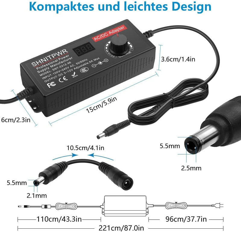 SHNITPWR Universal Netzteil 3.5-12V 8A 96W Einstellbarer Netzadapter DC 3.5V 4.5V 5V 6V 7V 8V 9V 10V