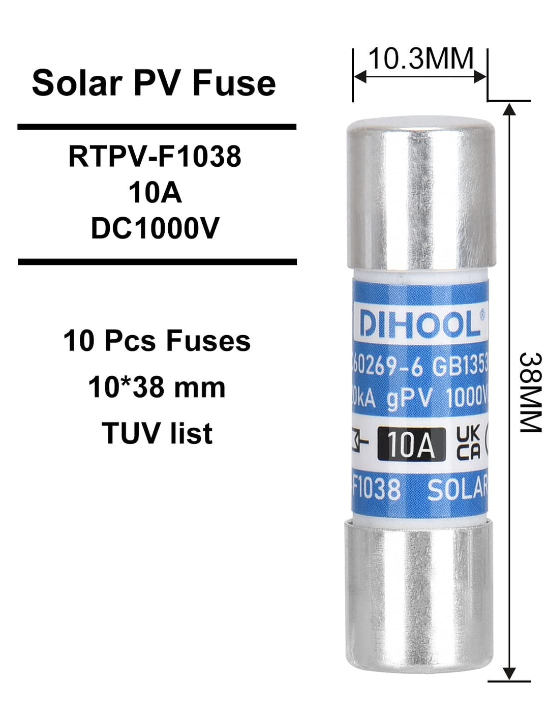 PV Sicherung 10a DC 1000V 10x38 20kA Sicherungen Hochspannung Sicherungsrohr Flinke Feinsicherung fü