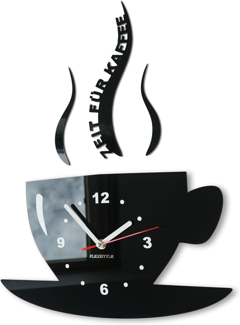 FLEXISTYLE Tasse Zeit für Kaffee Moderne Küche Wanduhr, 3D römisch, wanduhr deko (schwarz), Schwarz