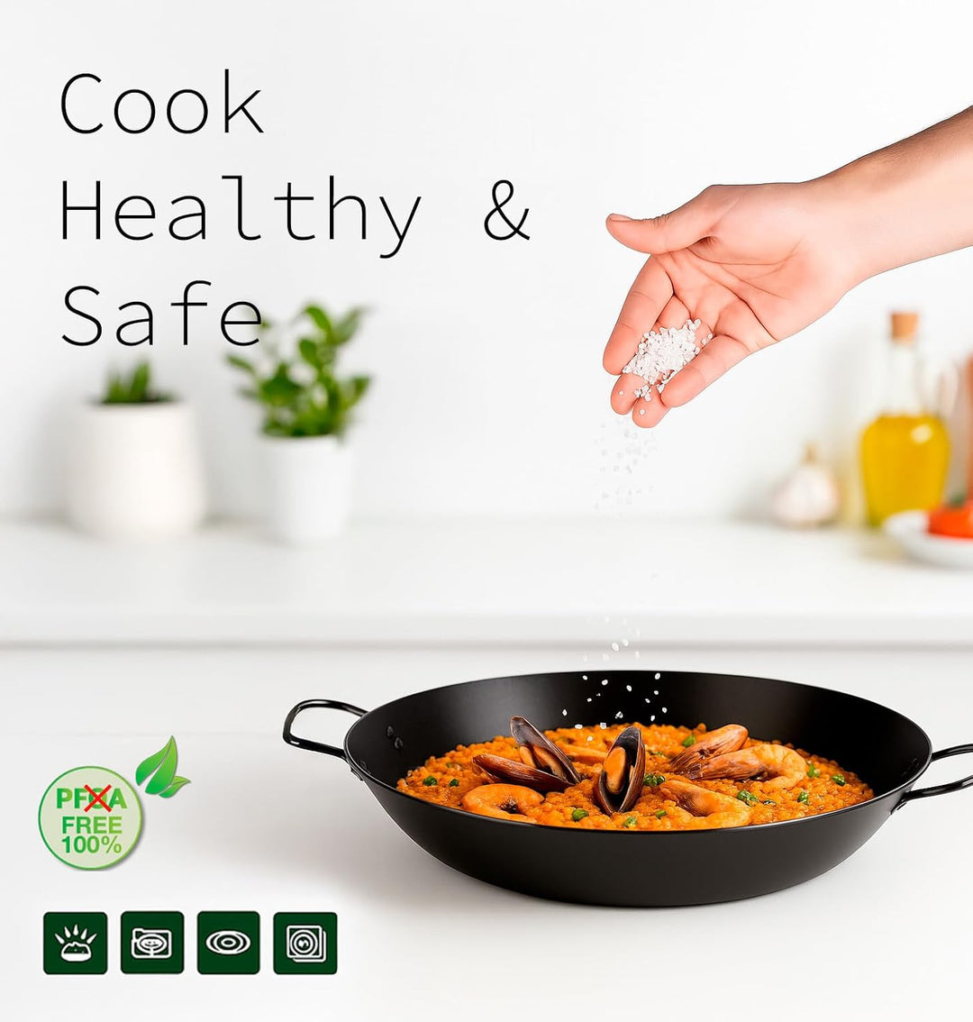 WECOOK! Kratha Paella-Pfanne Induction, 42 cm, 10 Portionen, Antihaftbeschichtung XYLAN PLUS, Ökolog