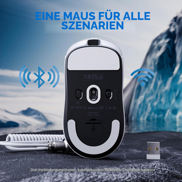 ATTACK SHARK X8 Serie Kabellose Gaming-Maus, 55–65 g Superleicht, PixArt PAW3395/3950 Sensor, BT/2.4