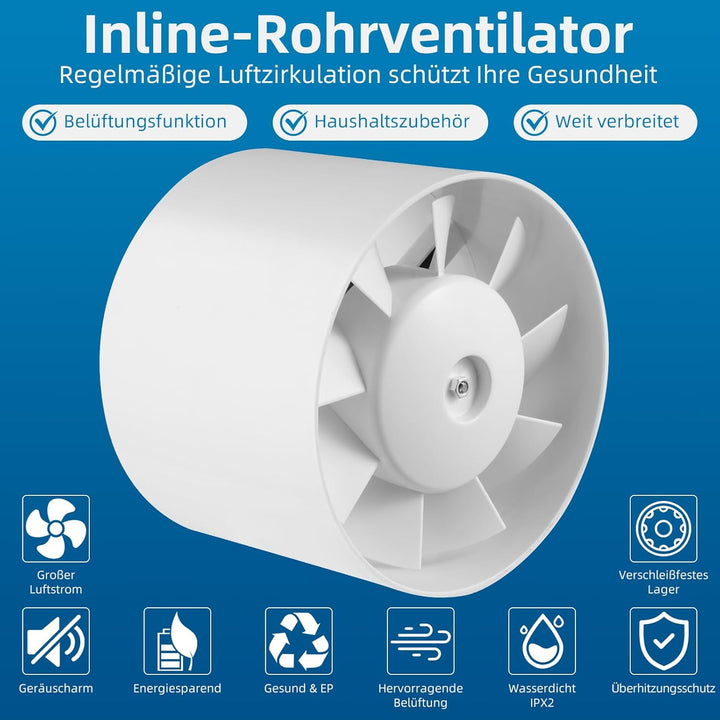 Rohrventilator, Rohrventilator 150mm, 320m³/h, 35dB Leise, Hohe Qualität Abluftventilator, Rohrlüfte
