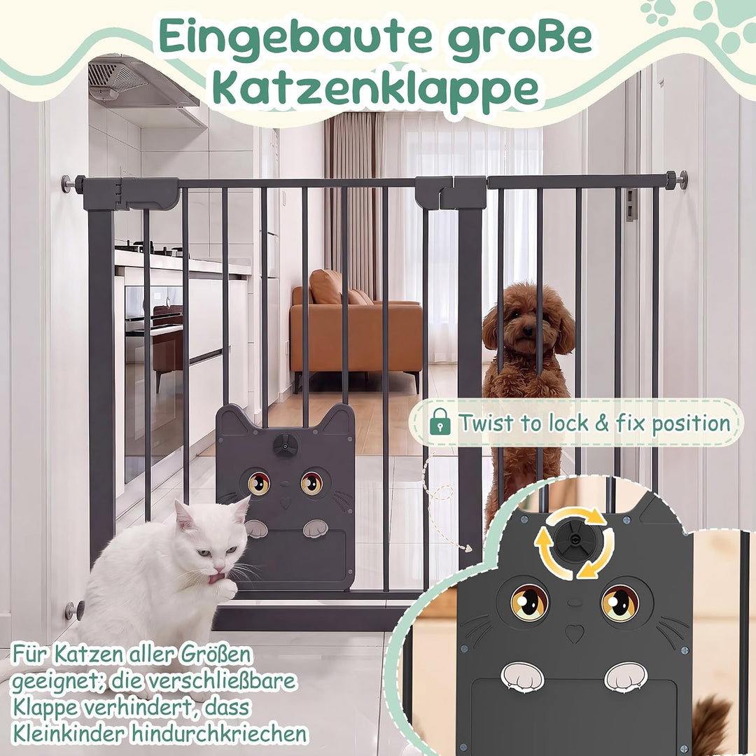 NAIZY Treppenschutzgitter mit katzenklappe 180°Doppeltür Ohne Bohren Schutzgitter Treppe 75-85cm Aut