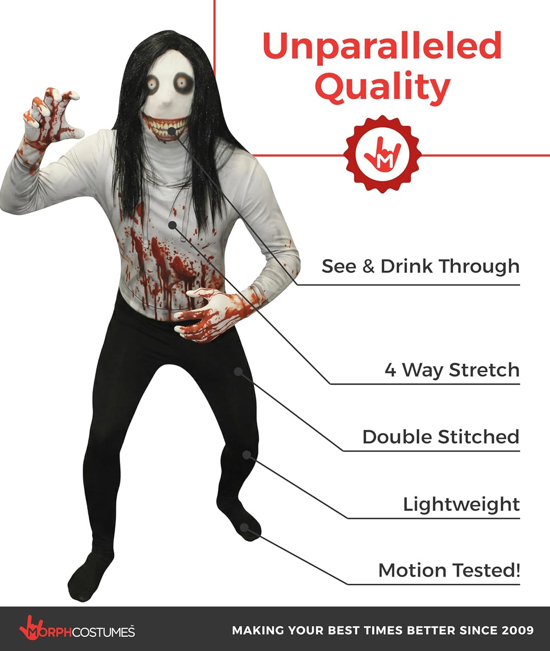 Morphsuit Jeff The Killer Kostüm für Erwachsene, Monster Verkleidung, Halloween und Karneval - L (16