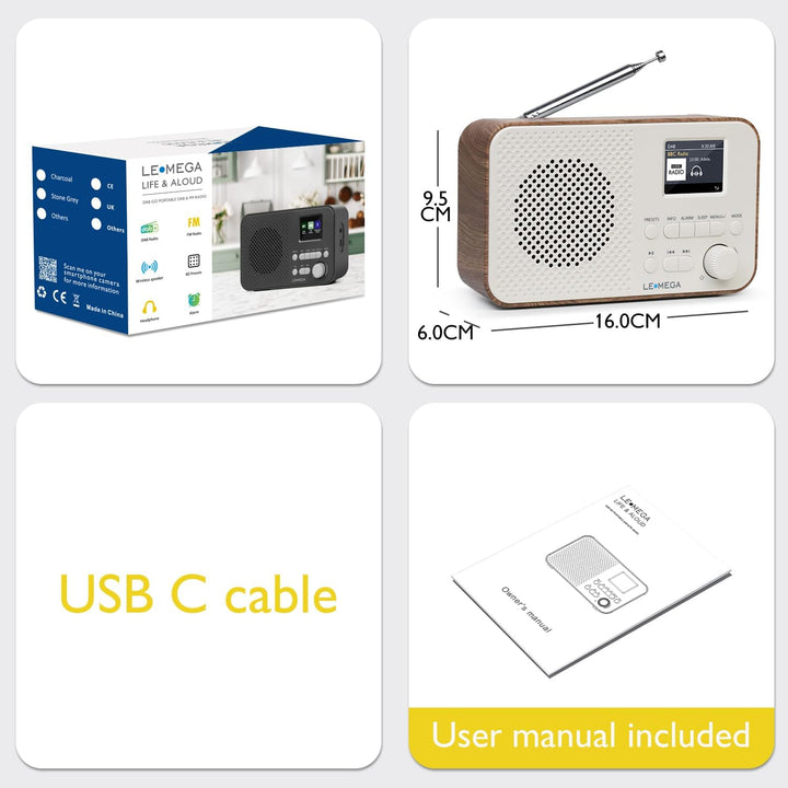 Tragbares DAB+-Radio mit Bluetooth | Wiederaufladbarer Akku mit 15 Stunden Spielzeit oder Netzbetrie