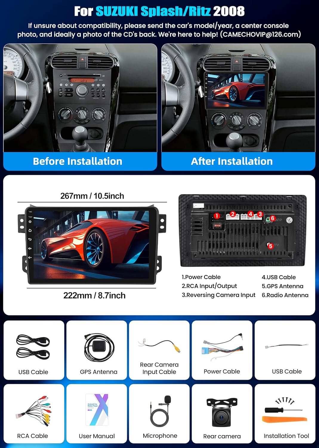 2G+64G CAMECHO Android 13 Autoradio mit Navi für Suzuki Splash Ritz/Opel Agila B 2004-2014,Doppel Di