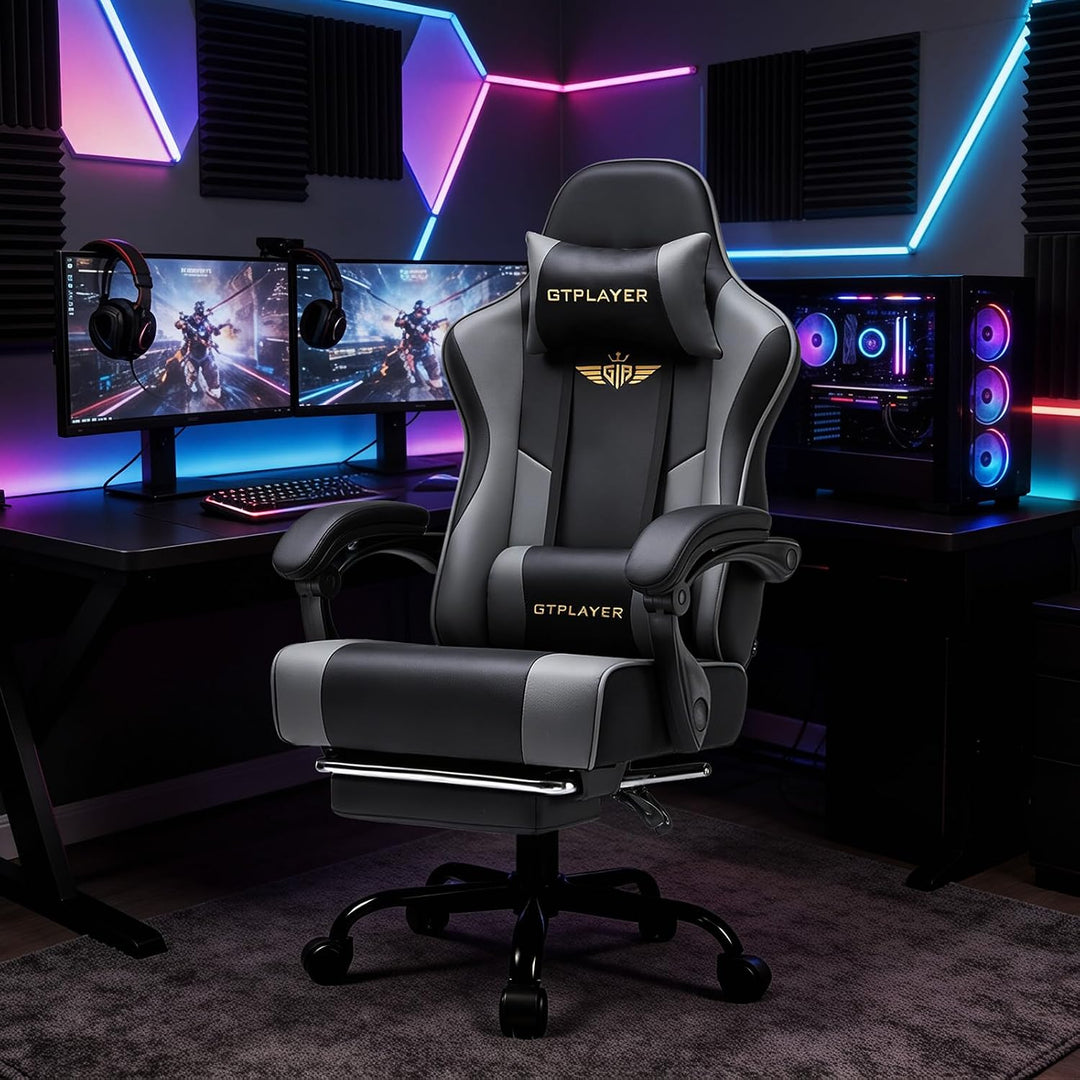 GTPLAYER Gaming Stuhl Chair Gamer Sessel - Ergonomischer Gamer Stuhl mit Fussstütze Kopfstütze und L