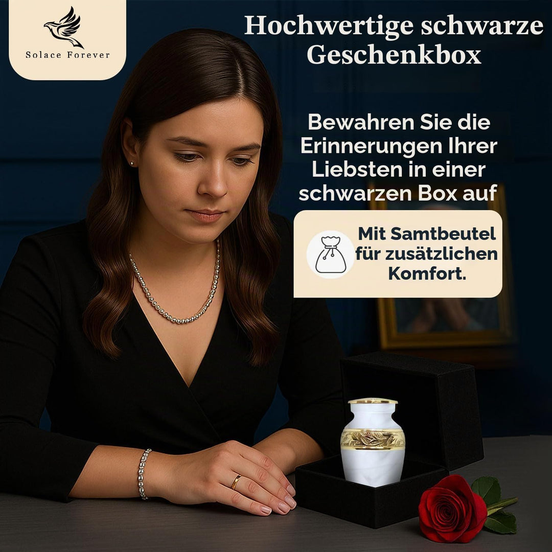 Weisse Andenken-Urne – Mini-Urne für Asche mit Box und Tasche im Lieferumfang – ehren Sie Ihre Liebs