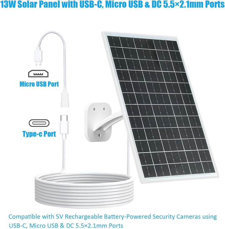 13W Solarpanel für Überwachungskameras mit USB-C, Micro-USB und DC 13 W, Weiss, 13 W, Weiss
