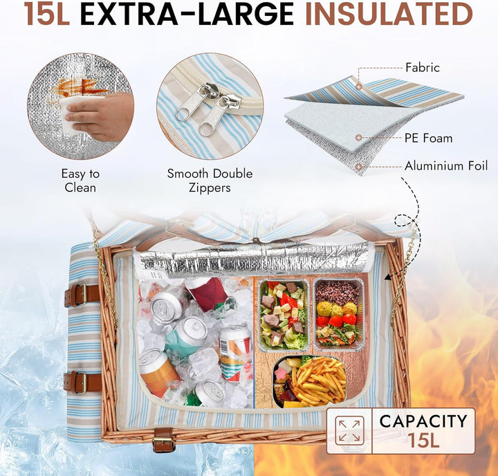 HappyPicnic Wicker Picknickkorb für 4 Personen, Willow Storage Hamper Service Geschenkset für Campin