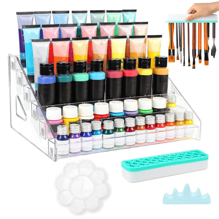 Paint Storage Rack, Transparent Paint Bottle Holder, Space-Saving Design With Brush Rack, Clear Craf