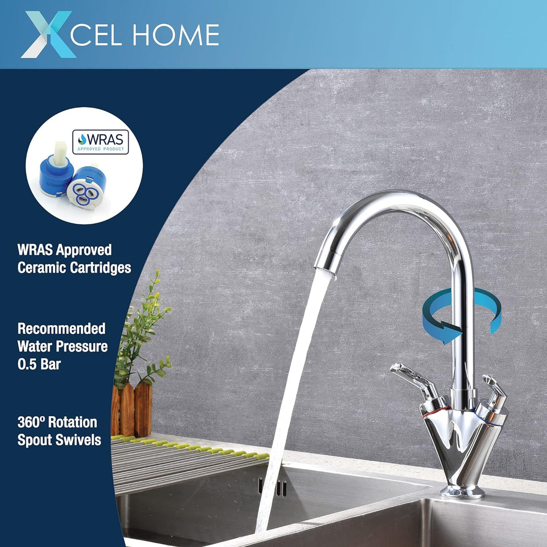 Xcel Home Chrom Küchenarmatur mit Doppelhebel &amp; 360° Schwenkauslauf, 1 Wasserhahn, inklusive Schläuc