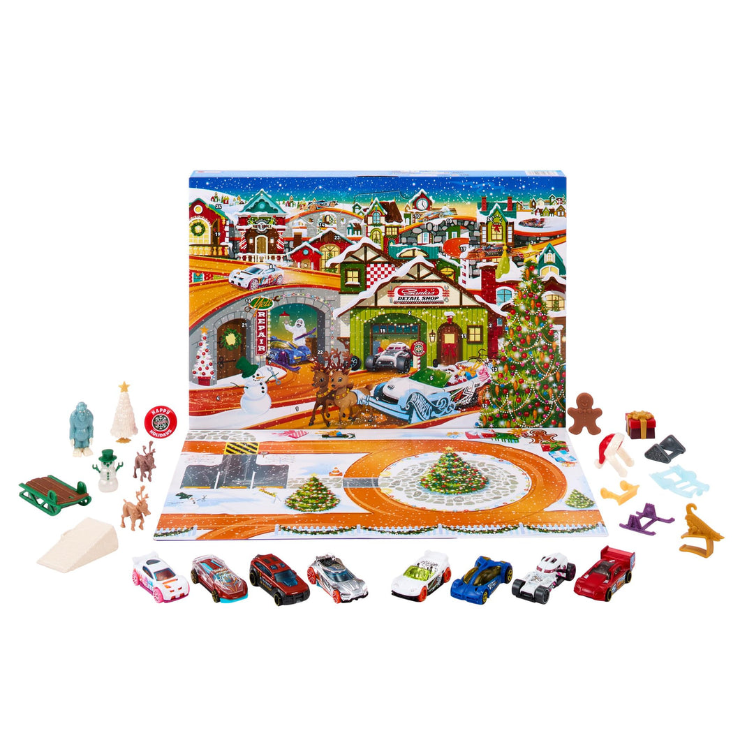 HOT WHEELS Adventskalender 2023 - 8 Hot Wheels Autos und 16 winterliche Zubehörteile hinter 24 numme