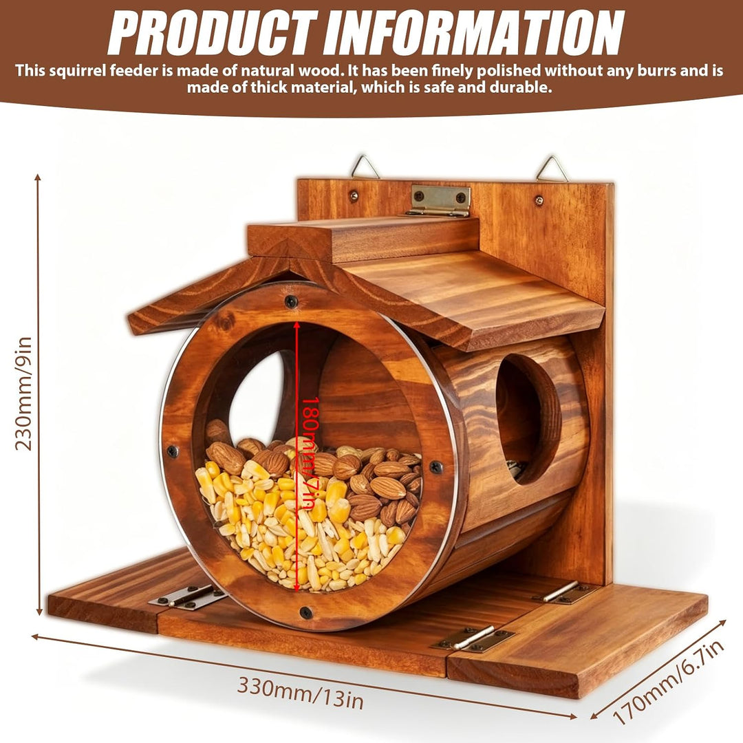 Eichhörnchen Futterhaus Wetterfest aus Holz mit Runden Transparentes Fenster, Eichhörnchen Futtersta