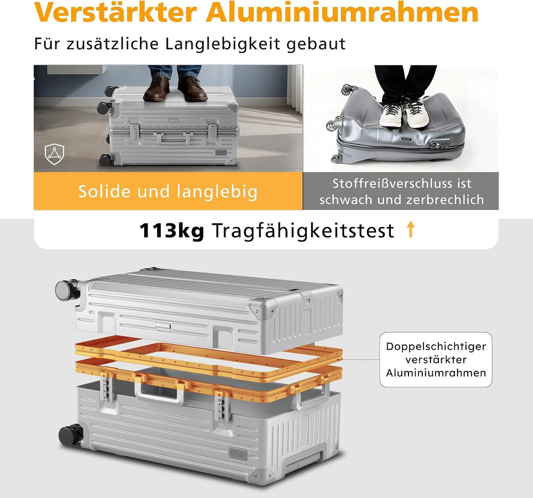 ALPHA CAMP Koffer Grösse TSA Schloss Suitcase Large Koffer L Silber 66L | Aluminium Rahmen &amp; Polycar