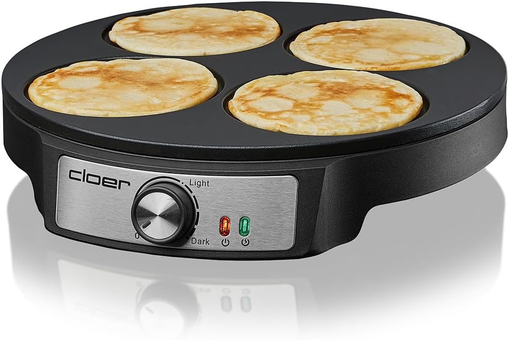 Cloer 6625 Pancake Maker, Mini Pancakes, für 4 kleine Pfannkuchen je 11 cm Ø, 1200 W, Antihaftbeschi