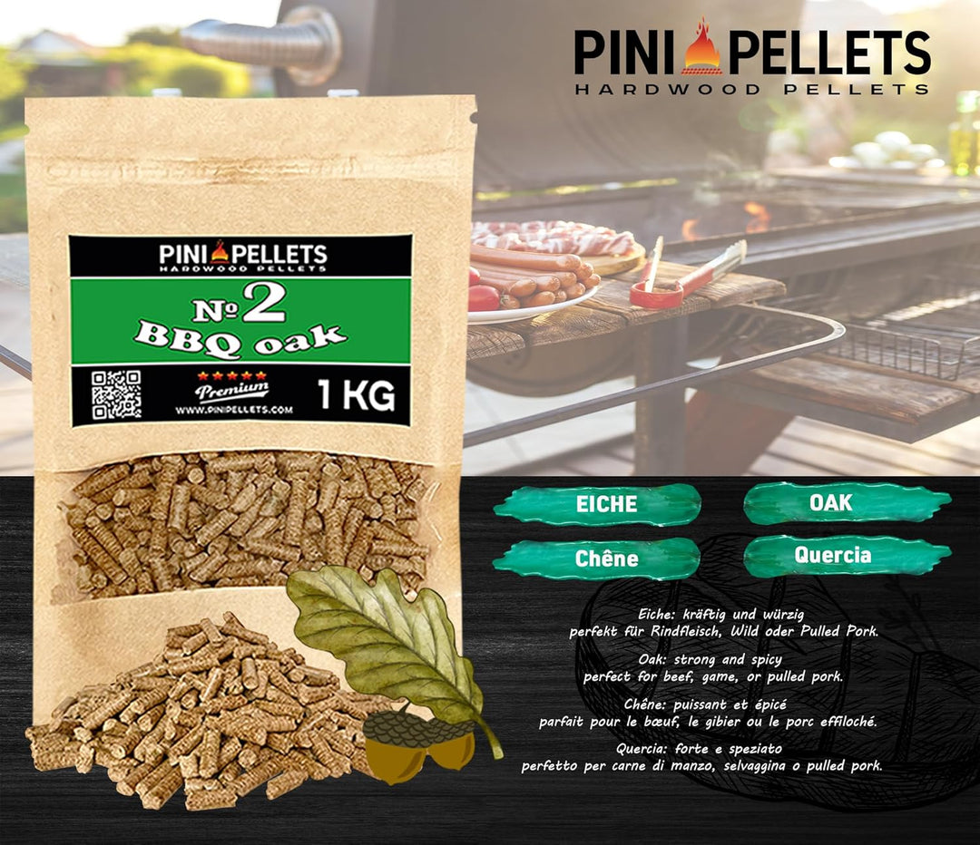 PINI Naturholzpellets Set 4X 1 kg für BBQ und Grillen Auswahl aus 4 Sorten - Eichenpellets Nr 2, BBQ