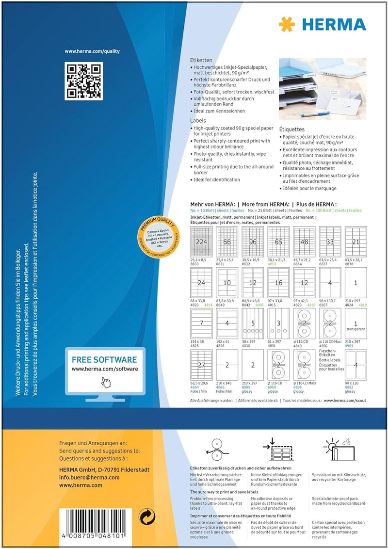 HERMA 4810 Universal Etiketten für Inkjet Drucker, 100 Blatt, 38,1 x 21,2 mm, 65 Stück pro A4 Bogen,