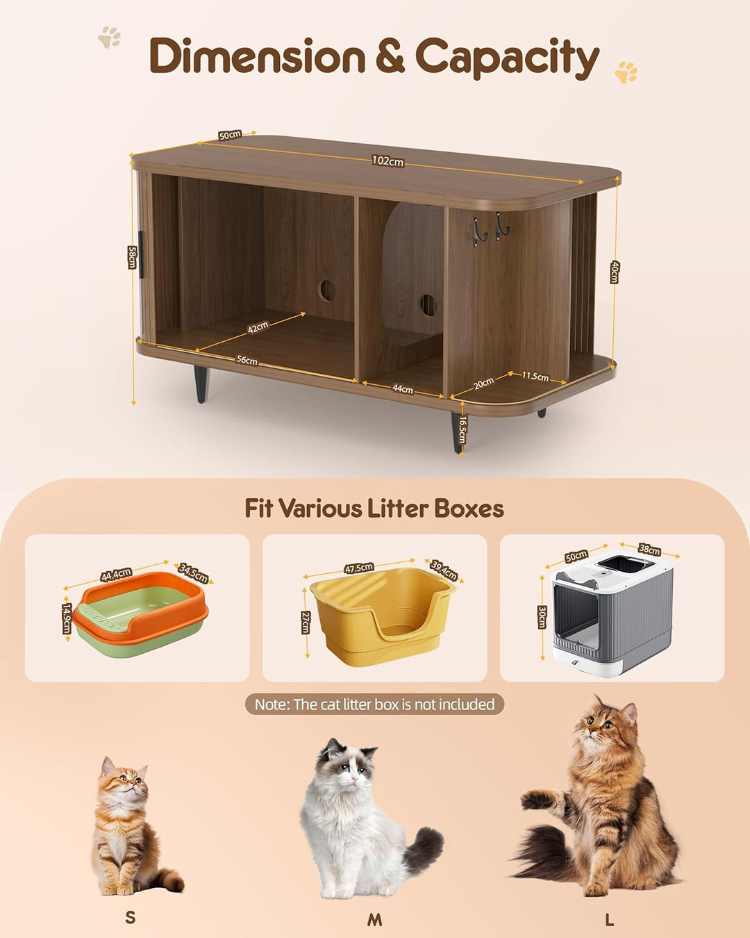 BACEKOLL Katzenklo Schrank mit Rollo-Tür Design, Mid-Century Katzenschrank Holz für grosse Katzen, V